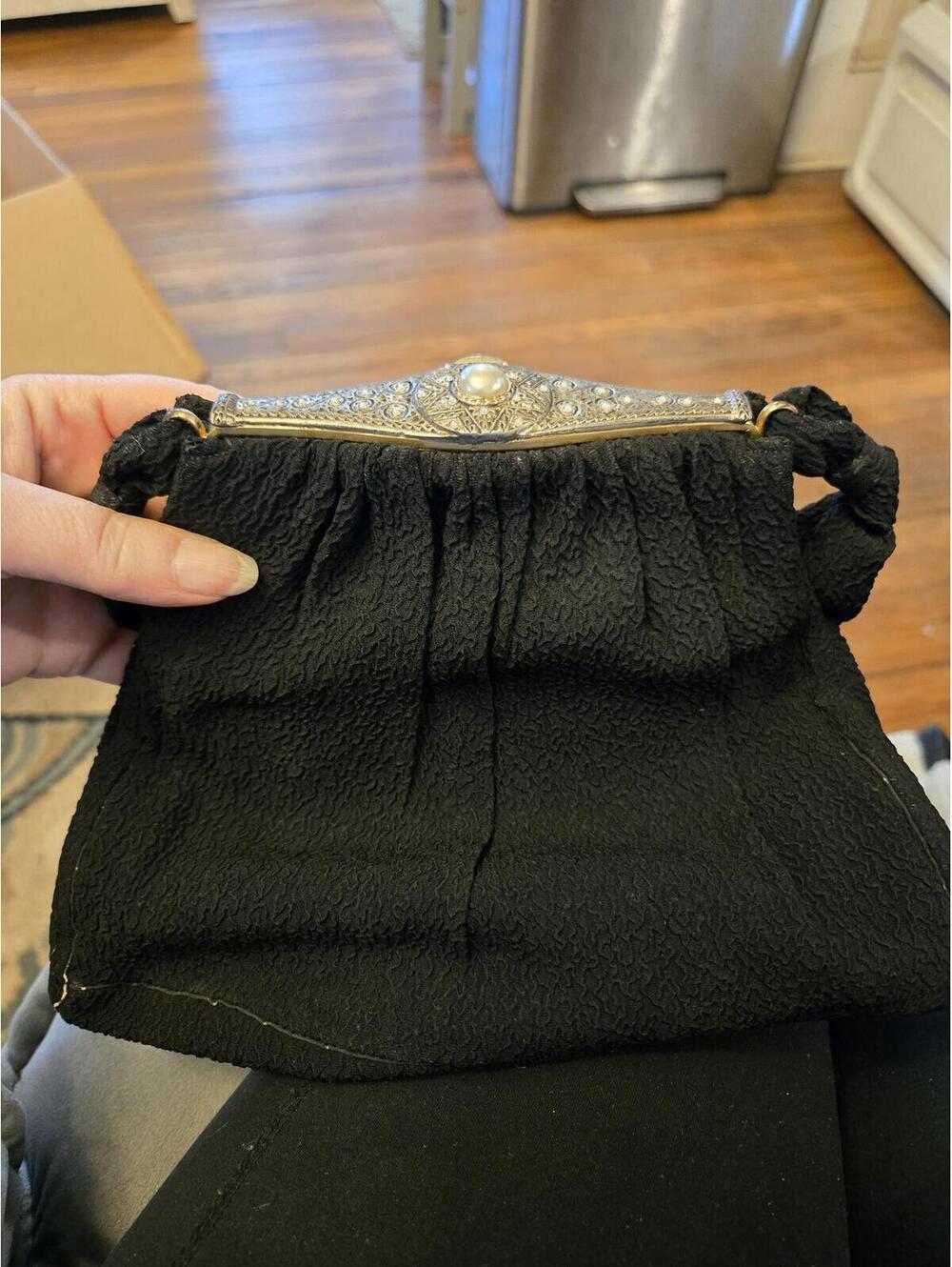Antique Trinity Plate Evening Bag Filigree Frame Pearl Clasp Mirror Comb Set